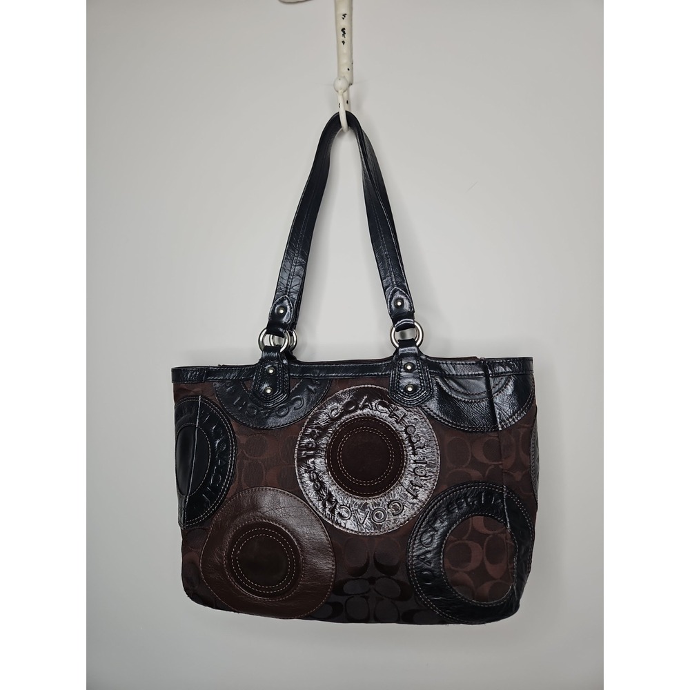 Coach Bag Circle Patchwork F15466 Brown Black Suede Leather East West Tote